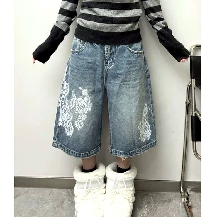 花柄がかわいい☆ 25P CHANEL バミューダ ハーフ パンツ デニム S-XL]カーペンターハーフパンツデニムパンツ | ファッション通販