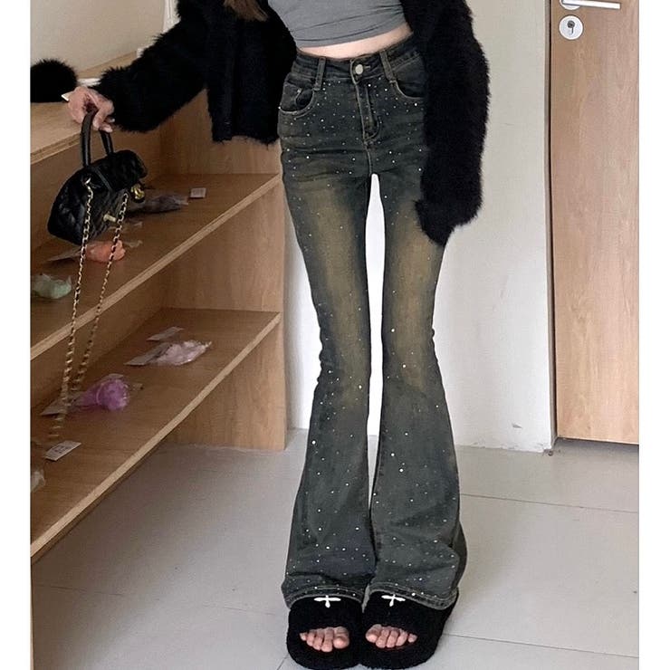 ラインストーンストレッチデニムフレアパンツ[品番：SHNW0012331