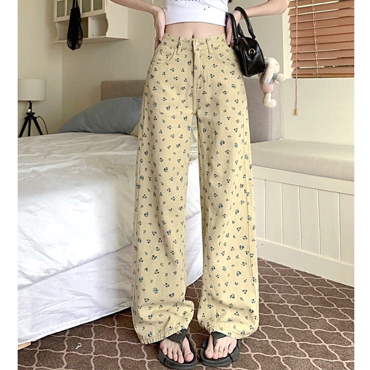 小花柄 エンボス ワイドパンツ フラワー ナチュラル 春夏 cr9755 花柄サイド」に該当するパンツ（ワイド・ルーズ / スリット