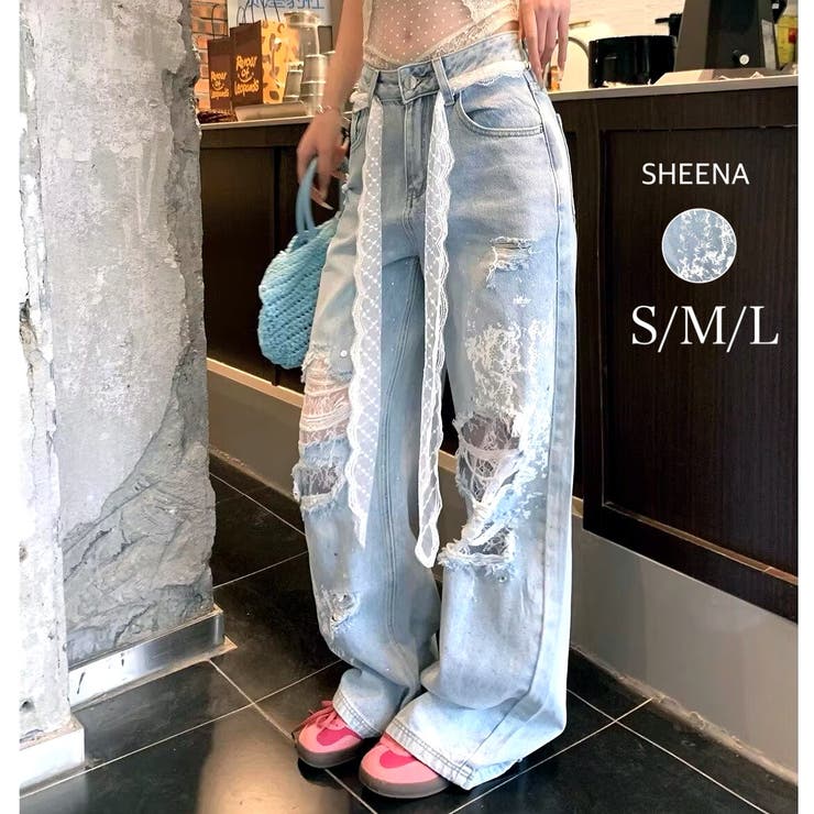 ラインストーン付きレースダメージデニムワイドパンツ[品番