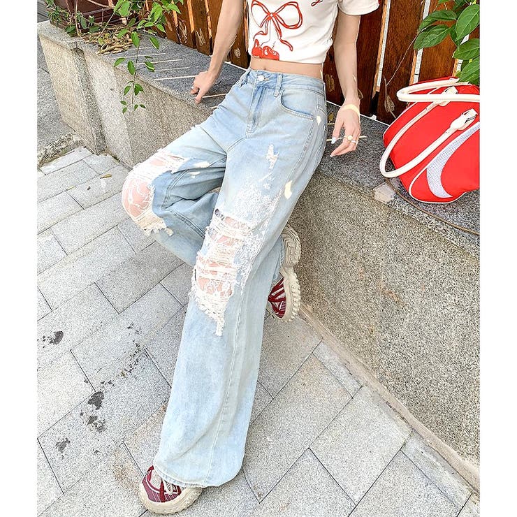 ラインストーン付きレースダメージデニムワイドパンツ | SHEENA  | 詳細画像12 