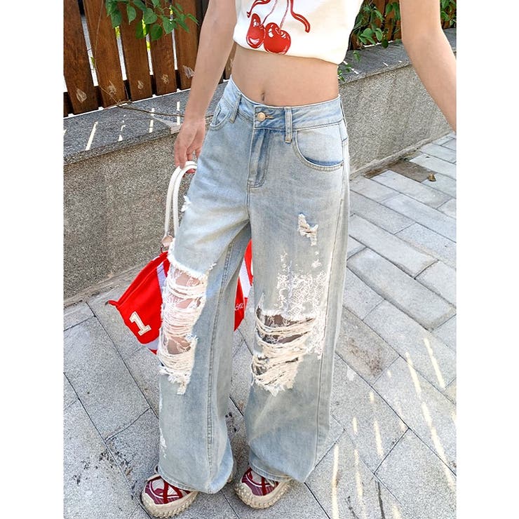ラインストーン付きダメージデニムジーンズ☆ SHEENA ジーンズ デニム デニムパンツ ラインストーン付きレース