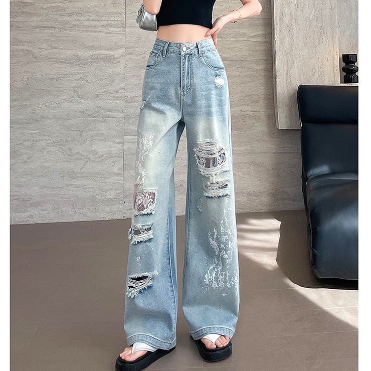 ラインストーン付きレースダメージデニムワイドパンツ | SHEENA  | 詳細画像15 