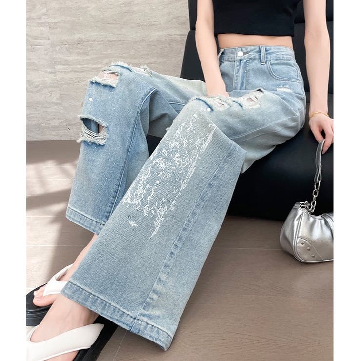 ラインストーン付きレースダメージデニムワイドパンツ | SHEENA  | 詳細画像16 