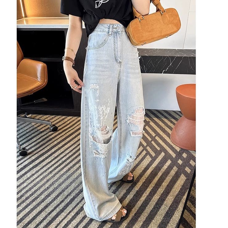 ラインストーン付きレースダメージデニムワイドパンツ | SHEENA  | 詳細画像17 