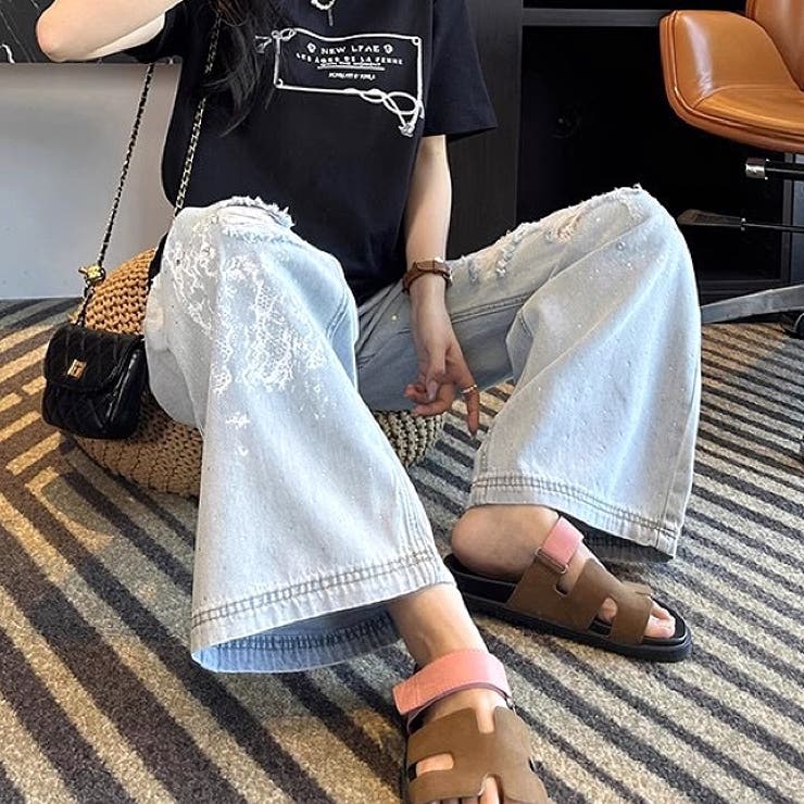 ラインストーン付きレースダメージデニムワイドパンツ | SHEENA  | 詳細画像18 