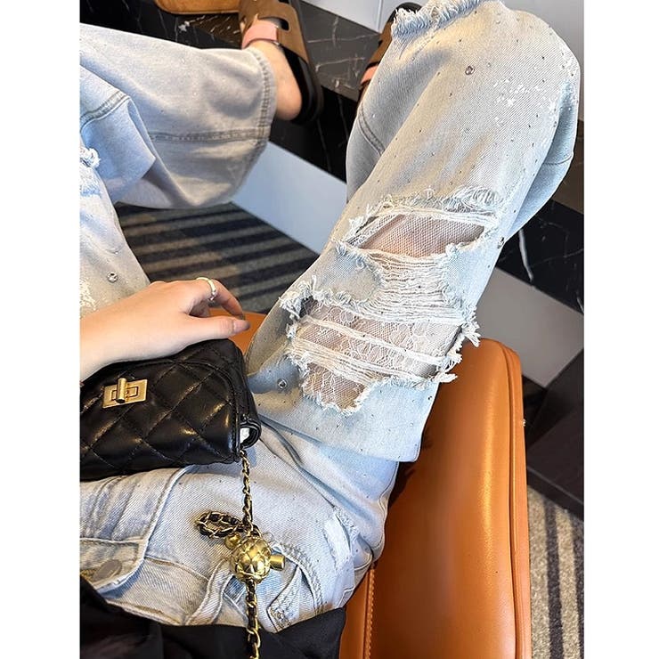 ラインストーン付きレースダメージデニムワイドパンツ | SHEENA  | 詳細画像19 