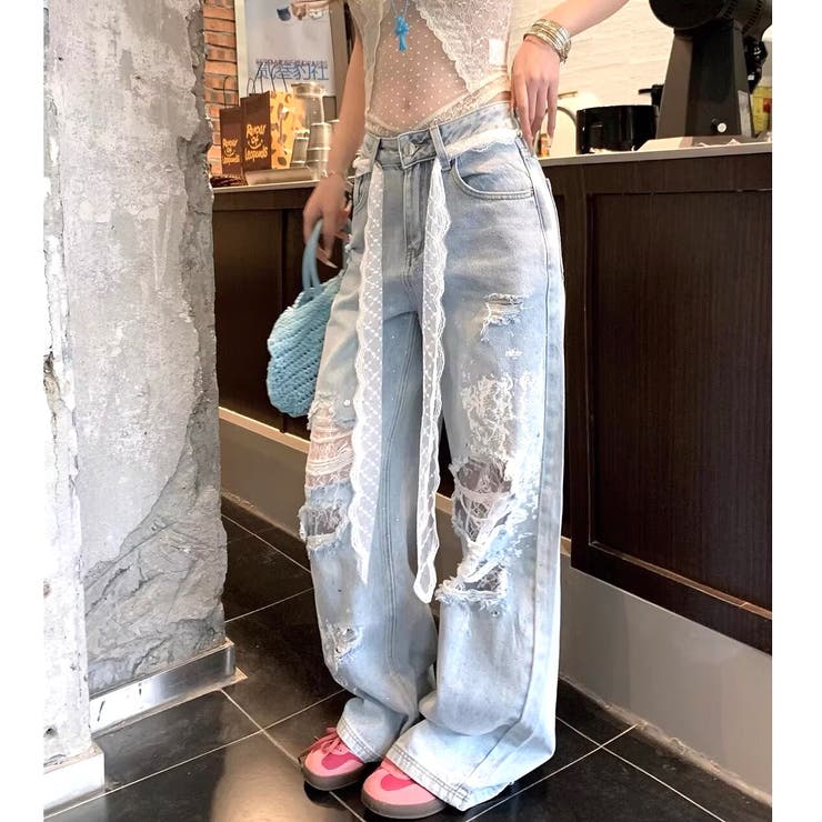 ラインストーン付きレースダメージデニムワイドパンツ | SHEENA  | 詳細画像2 