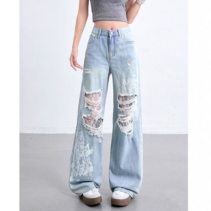 ラインストーン付きレースダメージデニムワイドパンツ | SHEENA  | 詳細画像21 