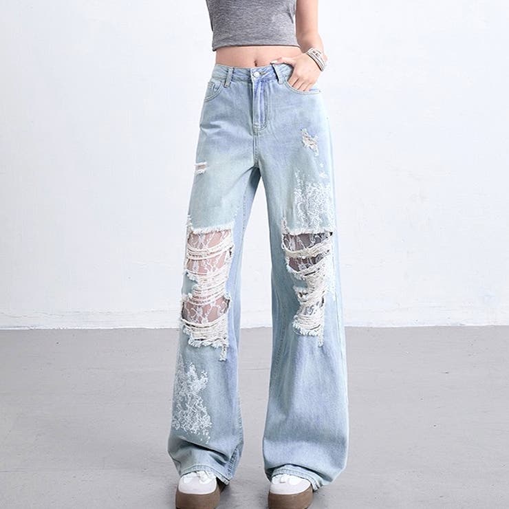 ラインストーン付きレースダメージデニムワイドパンツ | SHEENA  | 詳細画像22 