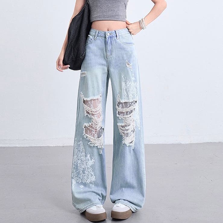 ラインストーン付きレースダメージデニムワイドパンツ | SHEENA  | 詳細画像24 