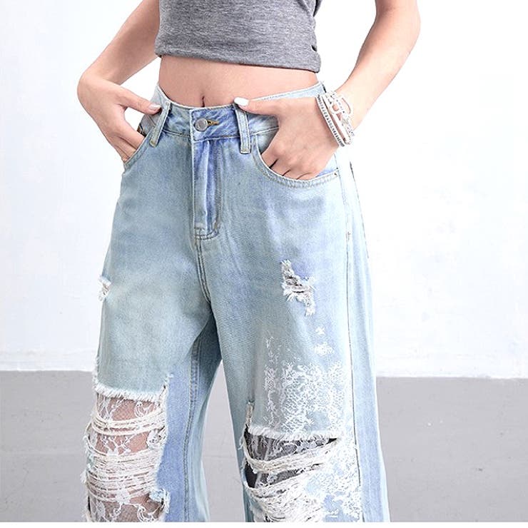 ラインストーン付きレースダメージデニムワイドパンツ | SHEENA  | 詳細画像26 