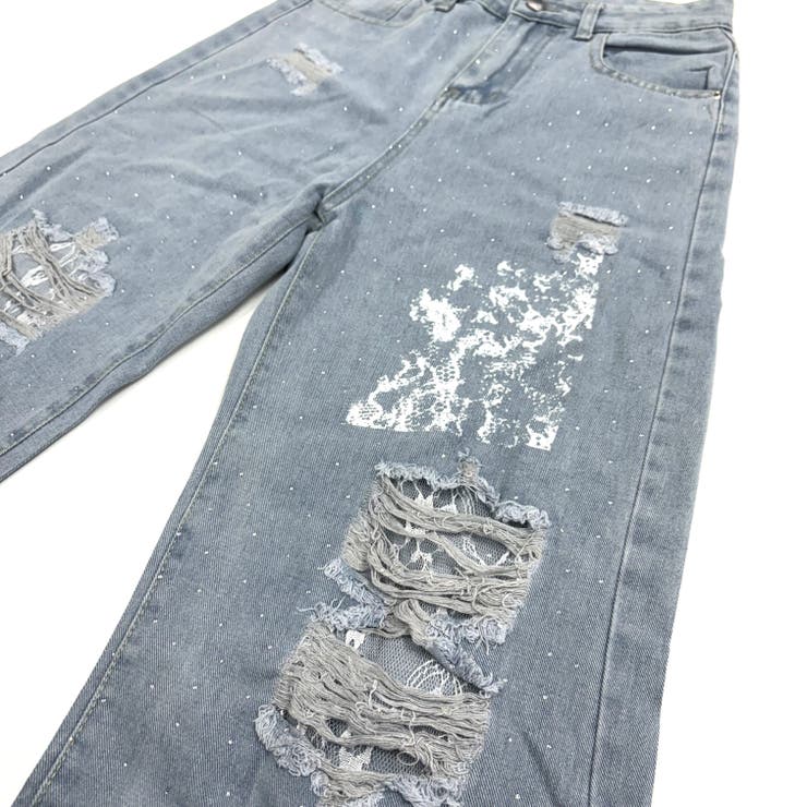 ラインストーン付きレースダメージデニムワイドパンツ | SHEENA  | 詳細画像31 