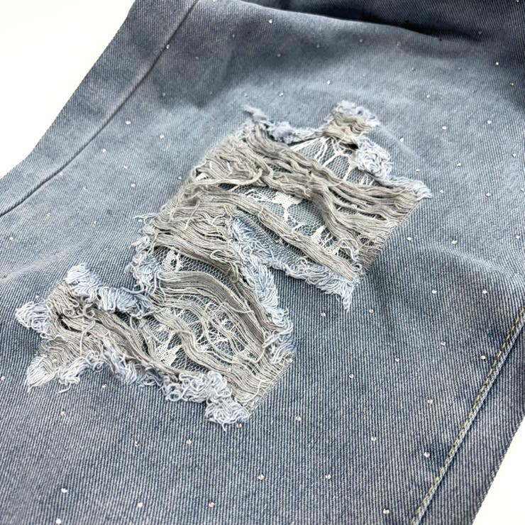 ラインストーン付きレースダメージデニムワイドパンツ | SHEENA  | 詳細画像32 