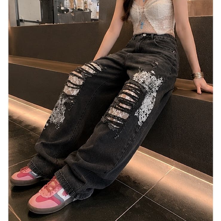 ラインストーン付きレースダメージデニムワイドパンツ | SHEENA  | 詳細画像23 