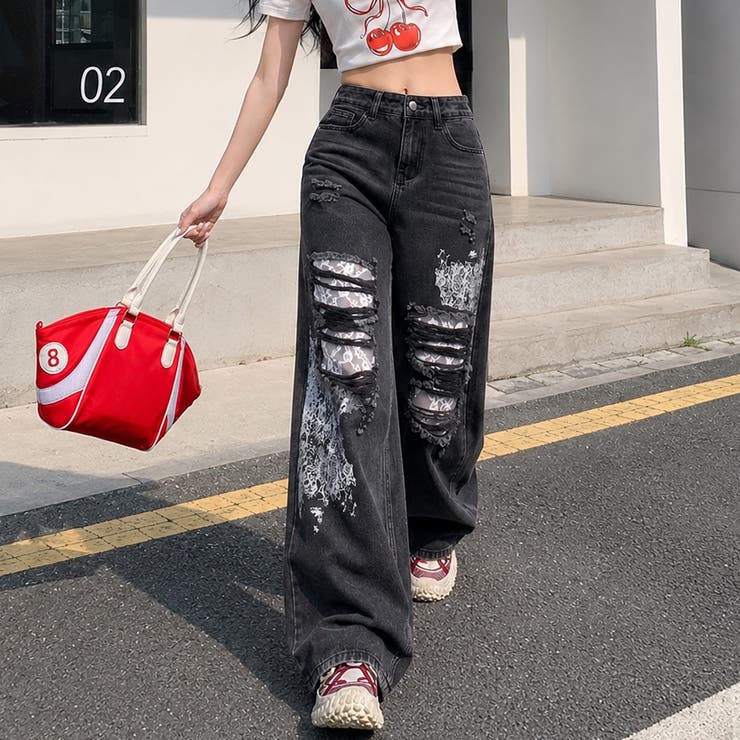 ラインストーン付きレースダメージデニムワイドパンツ | SHEENA  | 詳細画像24 