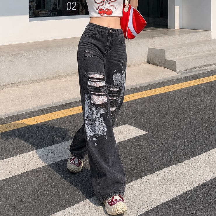 ラインストーン付きレースダメージデニムワイドパンツ | SHEENA  | 詳細画像26 