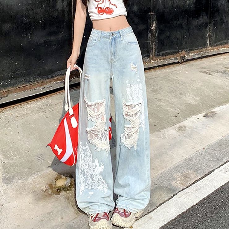 ラインストーン付きレースダメージデニムワイドパンツ | SHEENA  | 詳細画像5 