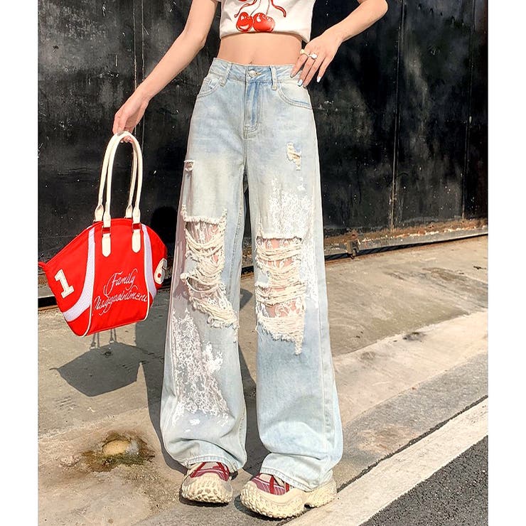 ラインストーン付きレースダメージデニムワイドパンツ | SHEENA  | 詳細画像6 