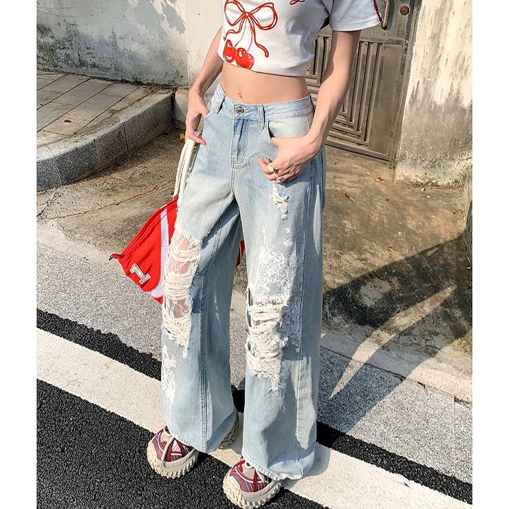 ラインストーン付きレースダメージデニムワイドパンツ | SHEENA  | 詳細画像8 