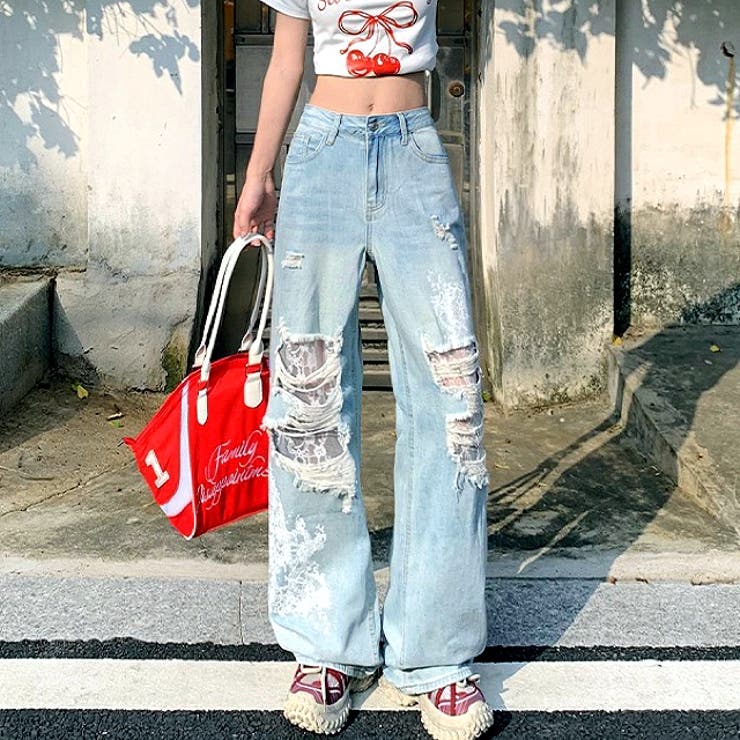 ラインストーン付きレースダメージデニムワイドパンツ | SHEENA  | 詳細画像9 