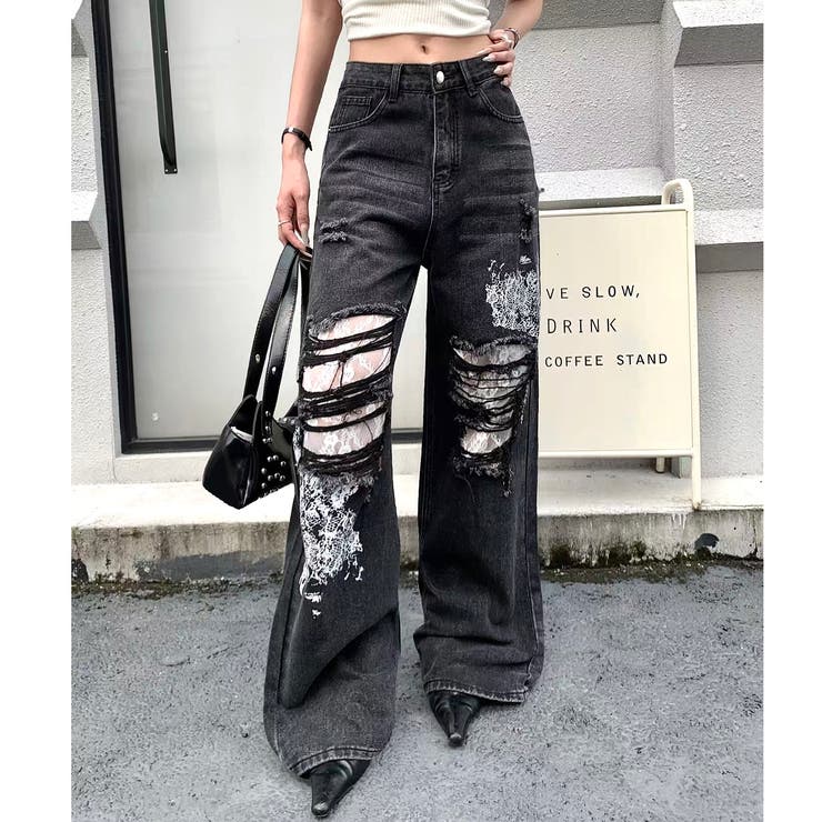 ブラック | ラインストーン付きレースダメージデニムワイドパンツ | SHEENA 