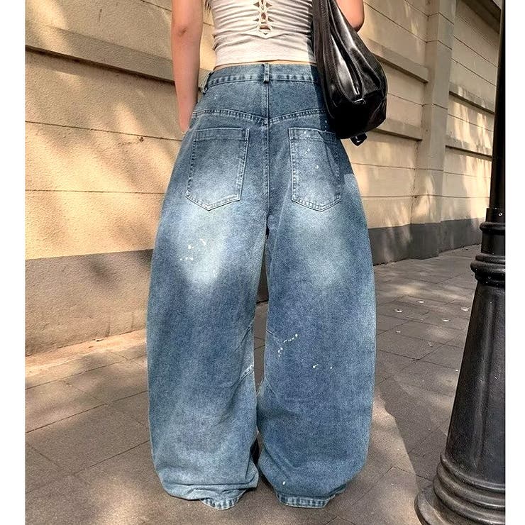 Loveハート刺繍カーブワイドデニムパンツ[品番：SHNW0012735