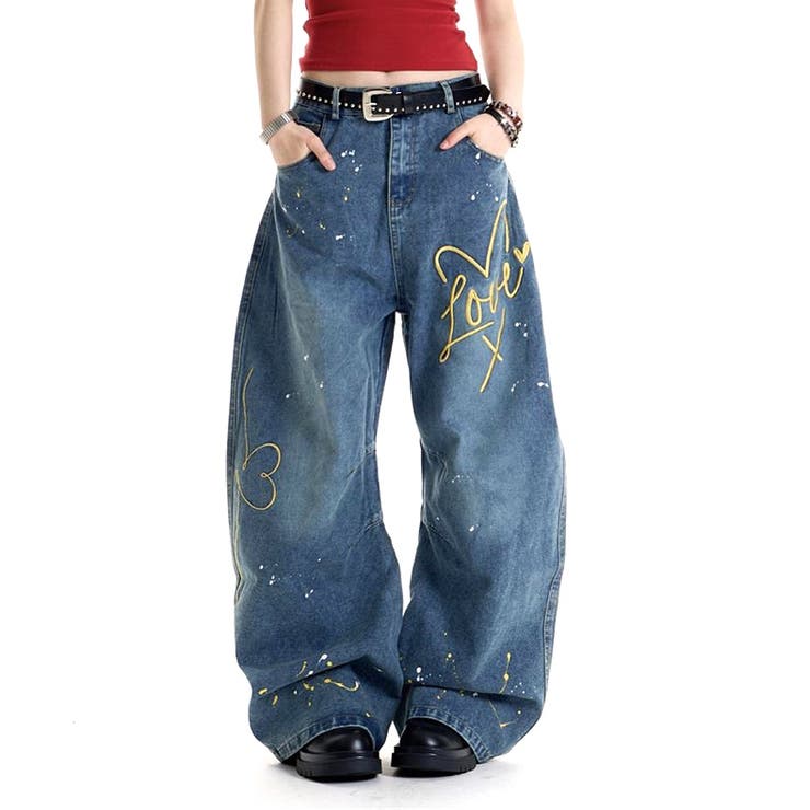 Loveハート刺繍カーブワイドデニムパンツ | SHEENA  | 詳細画像3 