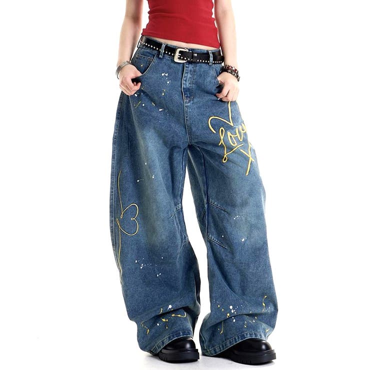 ブルー | Loveハート刺繍カーブワイドデニムパンツ | SHEENA 