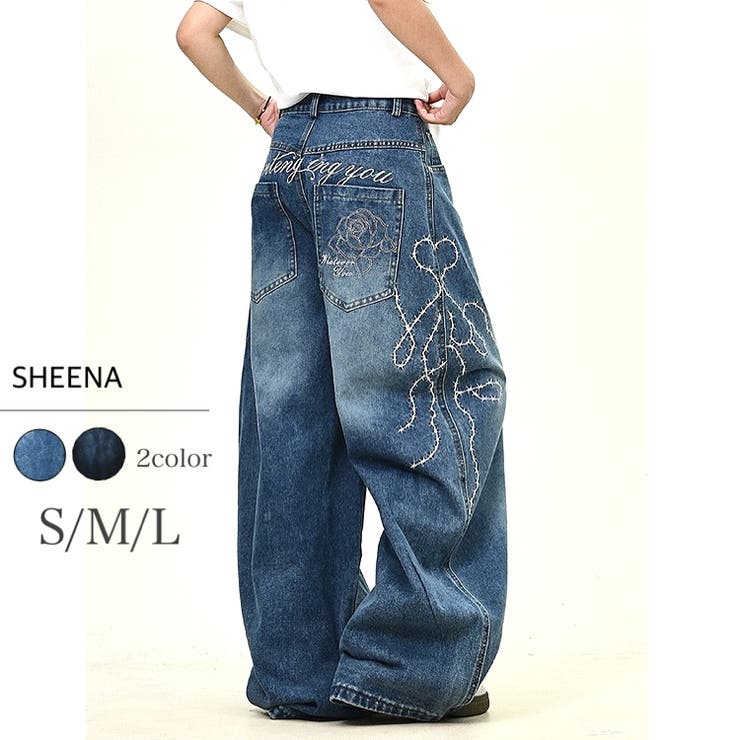 バックローズ刺繍ロゴカーブワイドデニムパンツ[品番