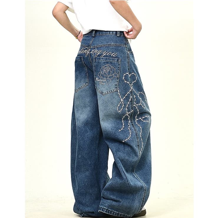 バックローズ刺繍ロゴカーブワイドデニムパンツ[品番：SHNW0012738