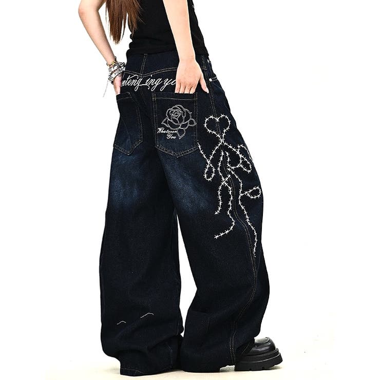 さな バックローズ刺繍ロゴカーブワイドデニムパンツ[品番