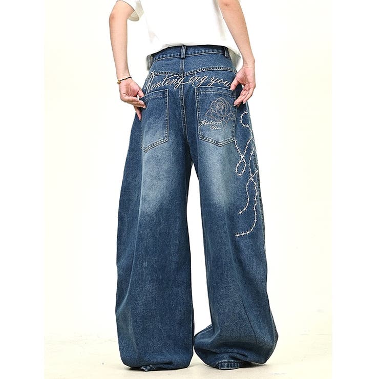 バックローズ刺繍ロゴカーブワイドデニムパンツ[品番：SHNW0012738