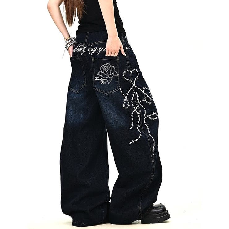 バックローズ刺繍ロゴカーブワイドデニムパンツ[品番：SHNW0012738