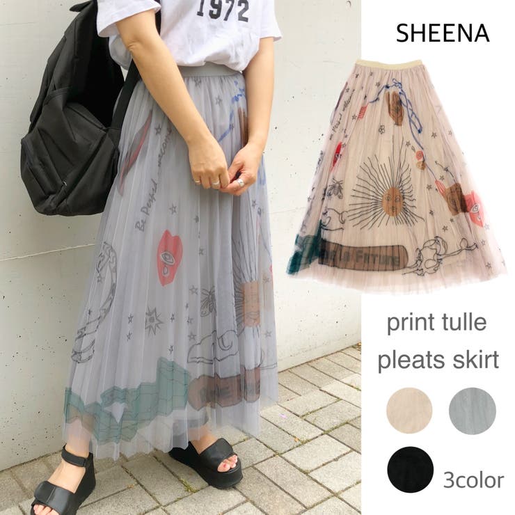 イラスト風プリントチュールプリーツスカート スカート ボトムス 品番 Shnw Sheena シーナ のレディースファッション通販 Shoplist ショップリスト