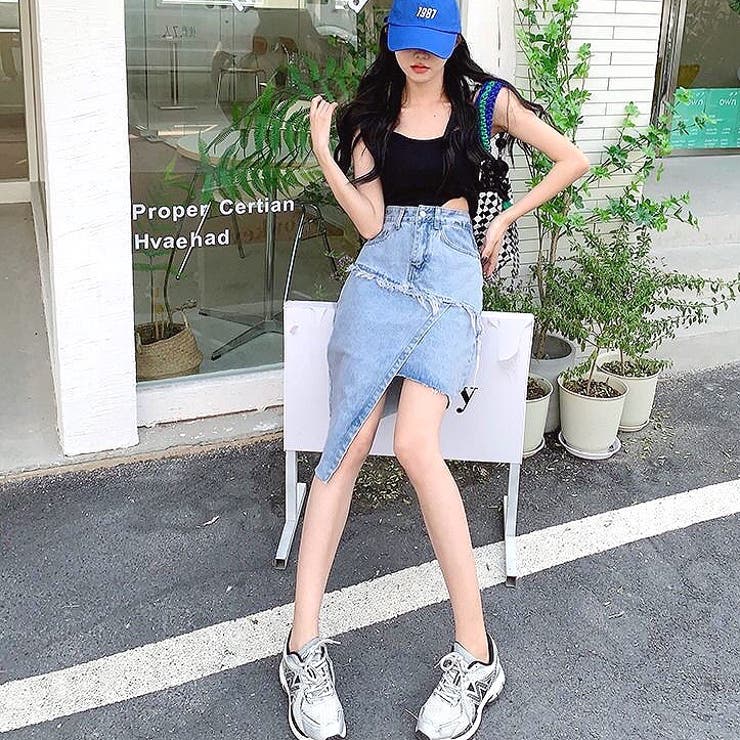 イレギュラーヘムカットオフデニムスカート 夏 韓国[品番