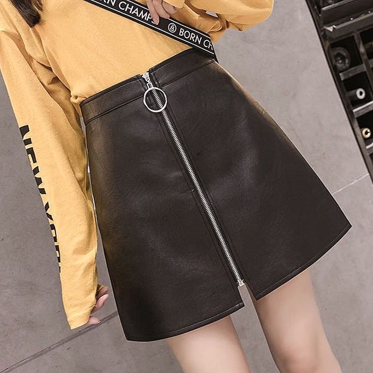 エコレザーリングジップミニスカート 秋 冬[品番：SHNW0007998  