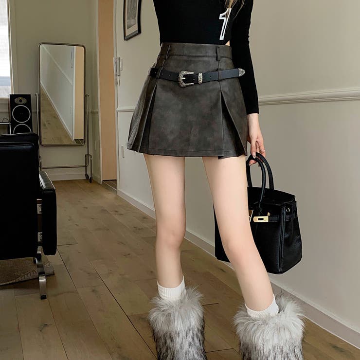 ベルトSETインパン付きフェイクレザープリーツスカート 秋 冬[品番