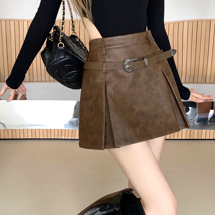 ベルトSETインパン付きフェイクレザープリーツスカート 秋 冬[品番