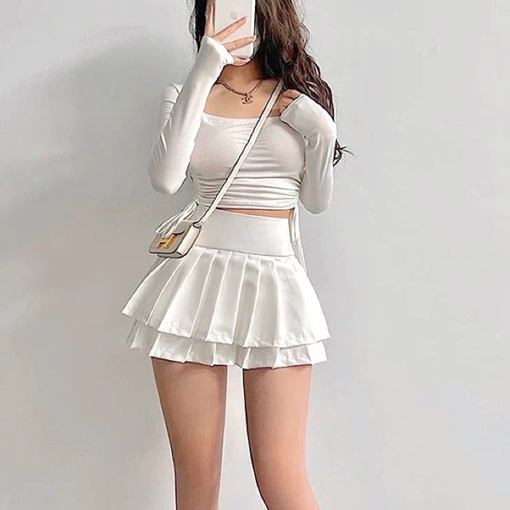 インパン付きダブルプリーツミニスカート 春 夏[品番