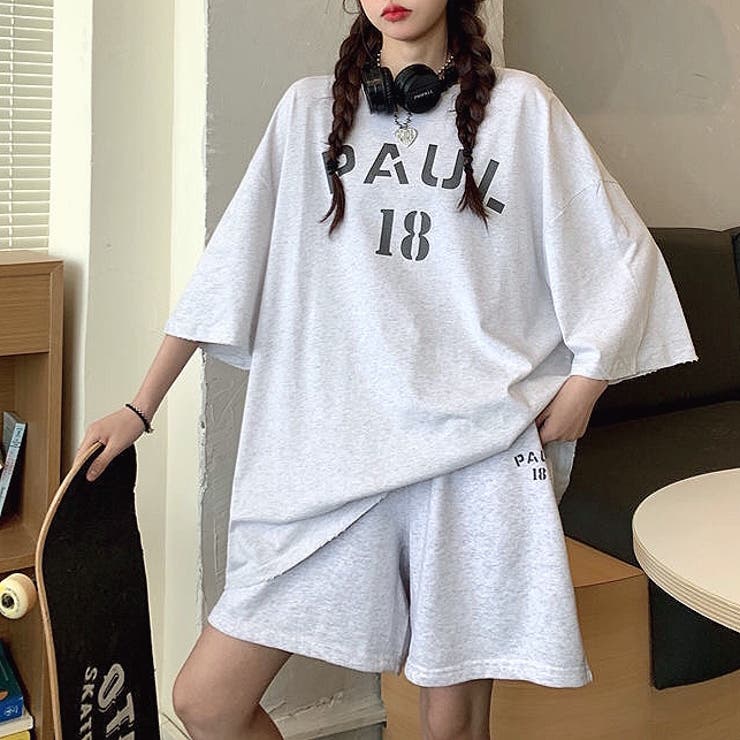 PAULロゴプリントTシャツ×ショートパンツSET 春夏 韓国