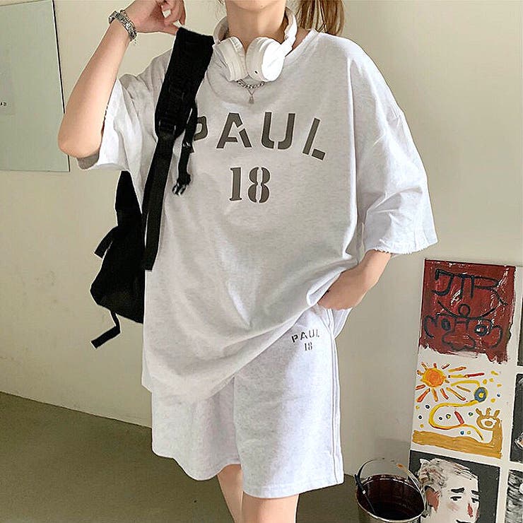 PAULロゴプリントTシャツ×ショートパンツSET 春夏 韓国ファッション