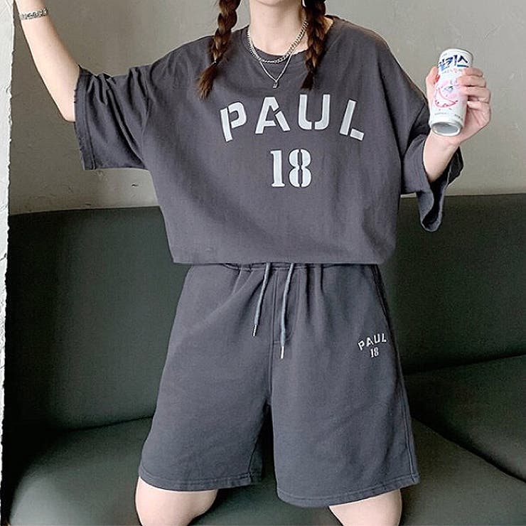 PAULロゴプリントTシャツ×ショートパンツSET 春夏 韓国ファッション