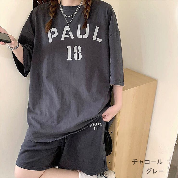 PAULロゴプリントTシャツ×ショートパンツSET 春夏 韓国ファッション