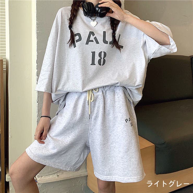 PAULロゴプリントTシャツ×ショートパンツSET 春夏 韓国ファッション