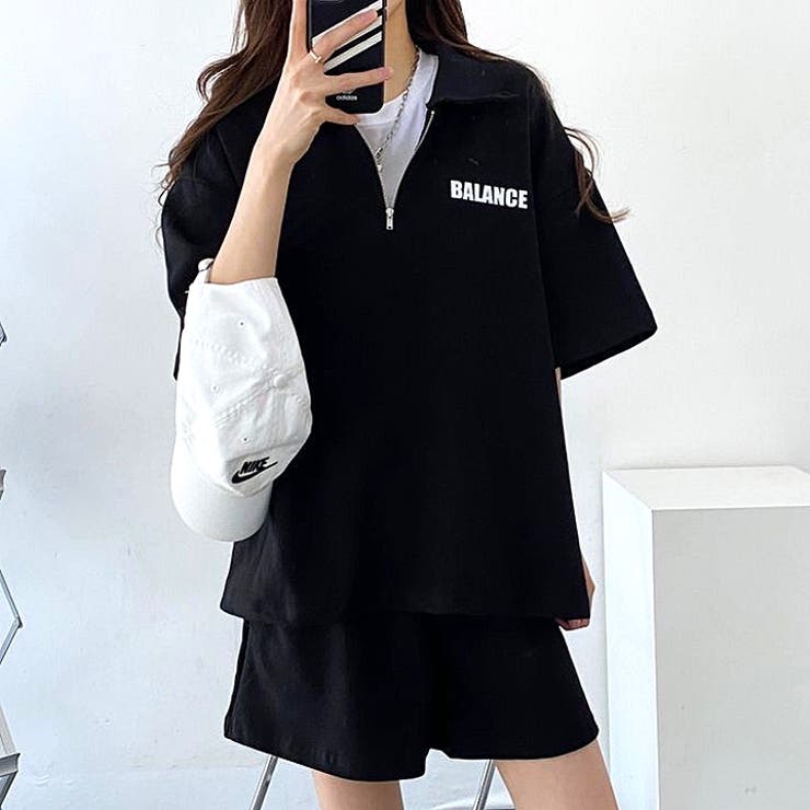 ハーフジップトップス×ハーフパンツSET 夏 韓国[品番：SHNW0007691