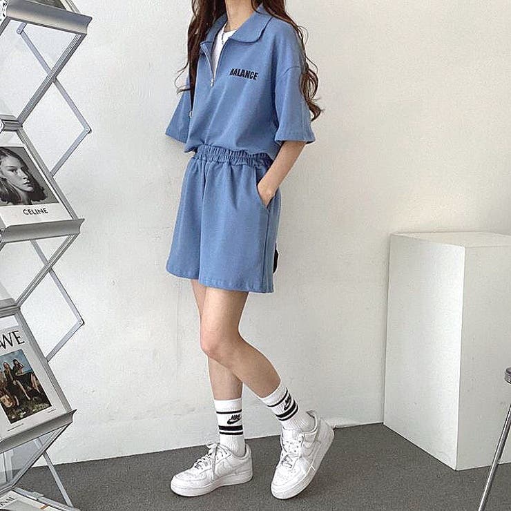 ハーフジップトップス×ハーフパンツSET 夏 韓国[品番