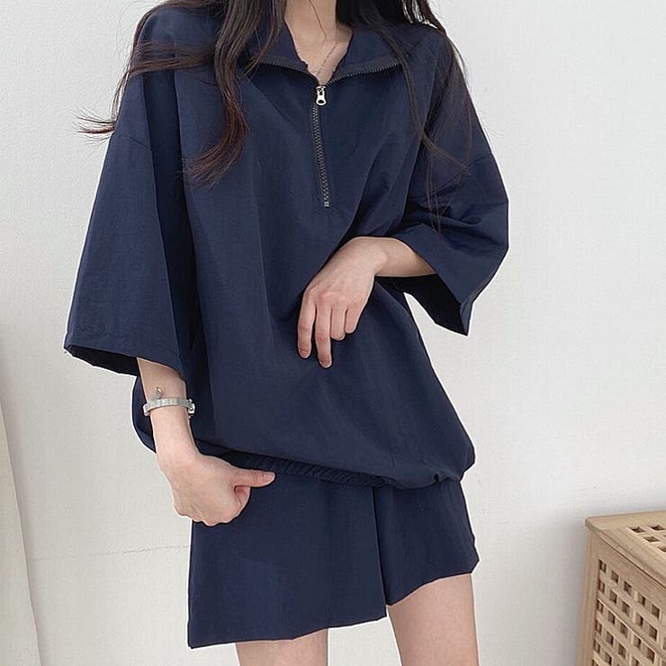 セットアップ】スタンドハーフジップトップス×ハーフパンツSET 春 夏