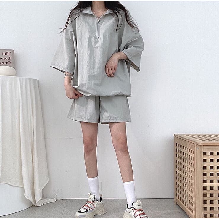 セットアップ】スタンドハーフジップトップス×ハーフパンツSET 春 夏