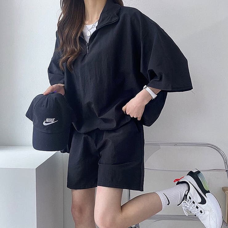 セットアップ ハーフジップ トップス ショートパンツ カジュアル スタンドハーフジップトップス×ハーフパンツSET 春 夏[品番